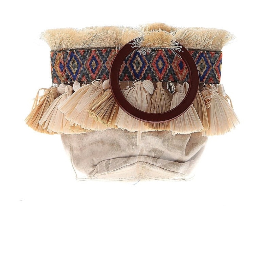 Uterqüe Beige Tassel Clutch with Multicolor Trim